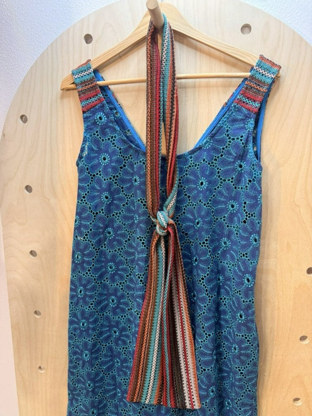 Save The Queen Italy Teal & Blue Eyelet Cotton Midi Dress Belted Boho Size M - Picture 12 of 16